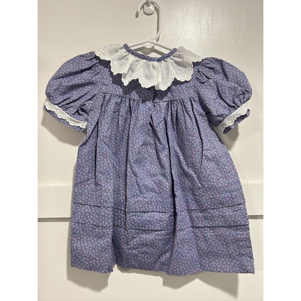 Vintage Baby Dress Short Sleeve Cottage Core Lace Trim Floral 18 Months